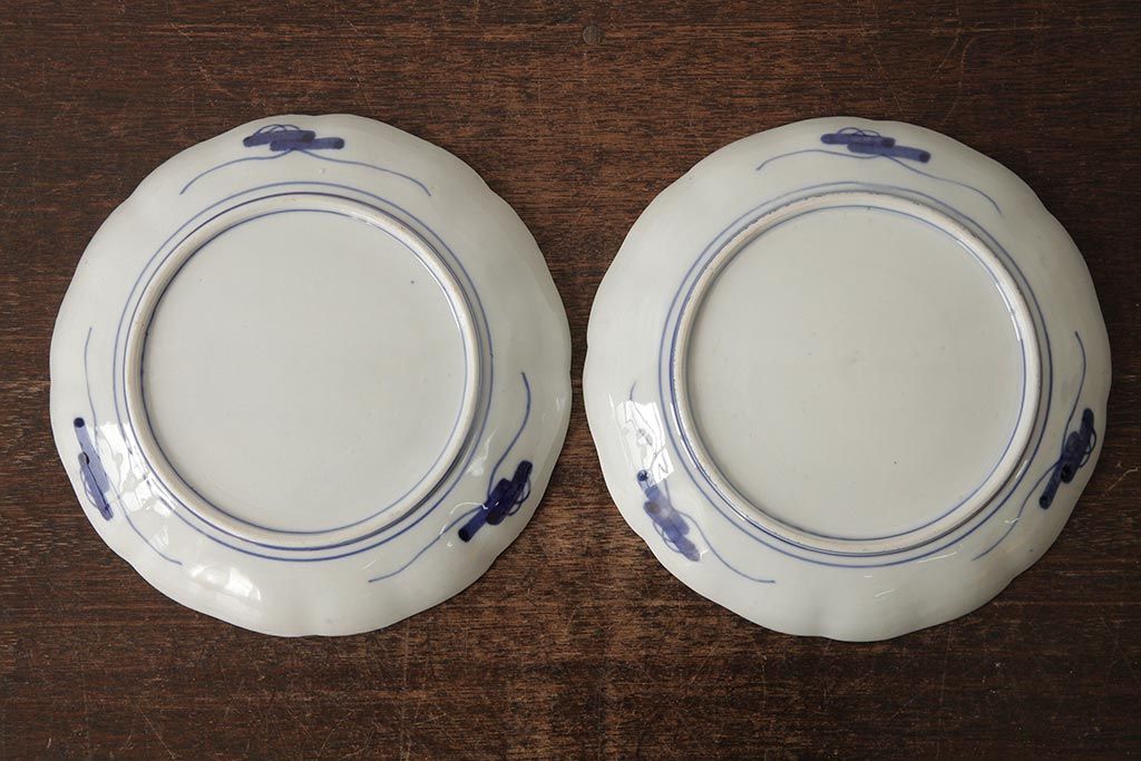 アンティーク雑貨　古民具・骨董　明治期　伊万里焼　色絵七寸皿2枚セット(和食器、中皿)(R-042464)