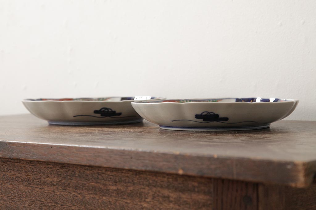 アンティーク雑貨　古民具・骨董　明治期　伊万里焼　色絵七寸皿2枚セット(和食器、中皿)(R-042465)