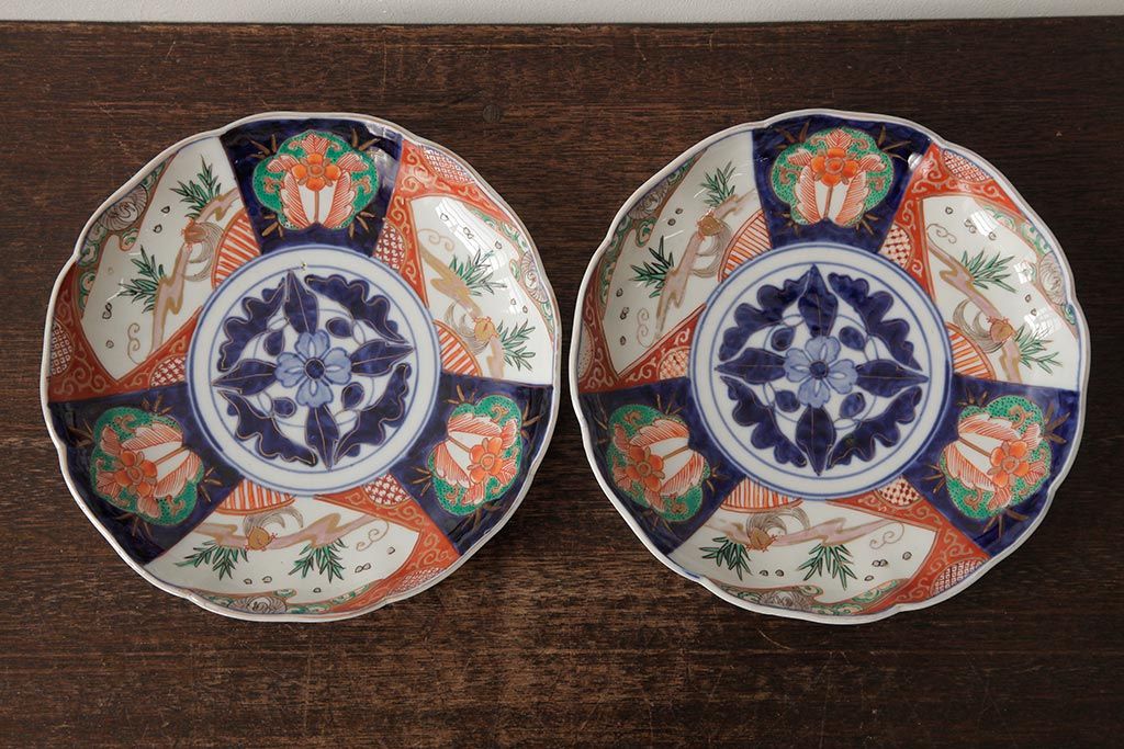 アンティーク雑貨　古民具・骨董　明治期　伊万里焼　色絵七寸皿2枚セット(和食器、中皿)(R-042465)