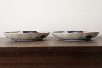 アンティーク雑貨　古民具・骨董　明治期　伊万里焼　色絵七寸皿2枚セット(和食器、中皿)(R-042465)
