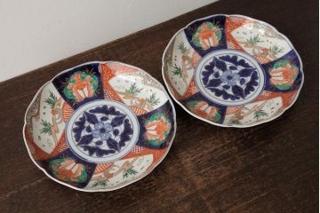 アンティーク雑貨　古民具・骨董　明治期　伊万里焼　色絵七寸皿2枚セット(和食器、中皿)(R-042465)