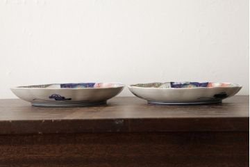 アンティーク雑貨　古民具・骨董　明治期　伊万里焼　色絵七寸皿2枚セット(和食器、中皿)(R-042466)