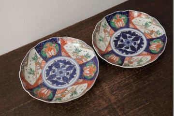 アンティーク雑貨　古民具・骨董　明治期　伊万里焼　色絵七寸皿2枚セット(和食器、中皿)(R-042466)