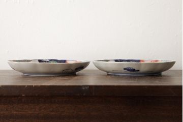 アンティーク雑貨　古民具・骨董　明治期　伊万里焼　色絵七寸皿2枚セット(和食器、中皿)(R-042467)