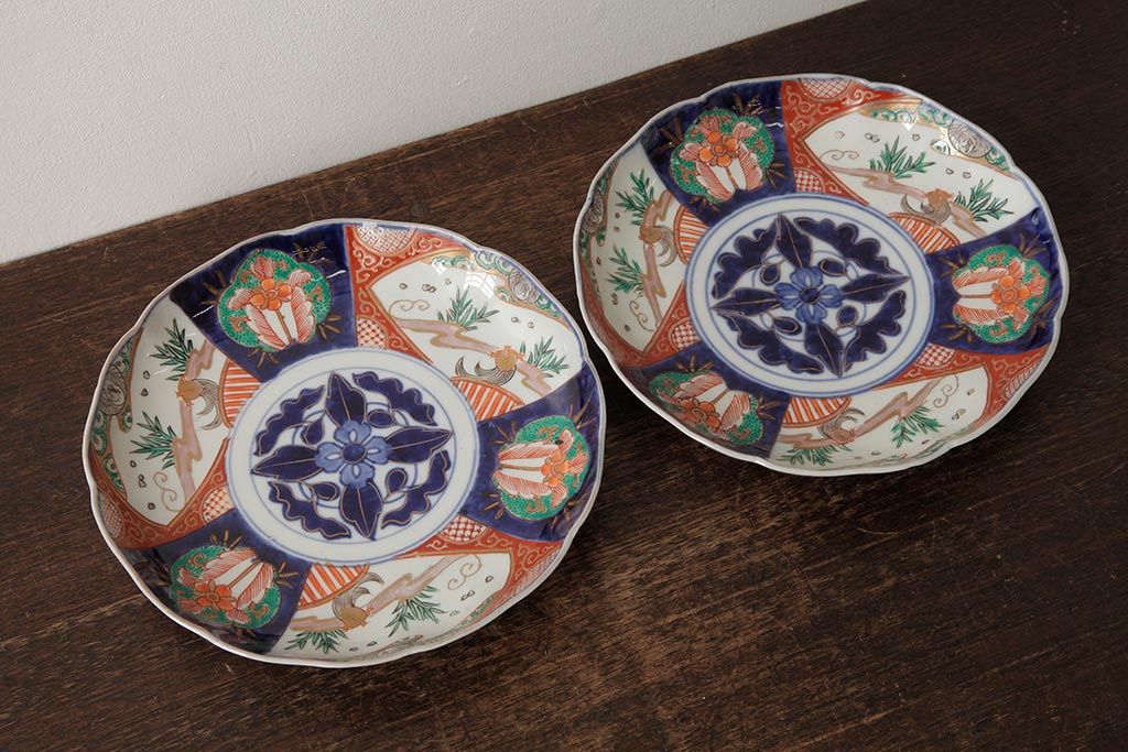アンティーク雑貨　古民具・骨董　明治期　伊万里焼　色絵七寸皿2枚セット(和食器、中皿)(R-042467)