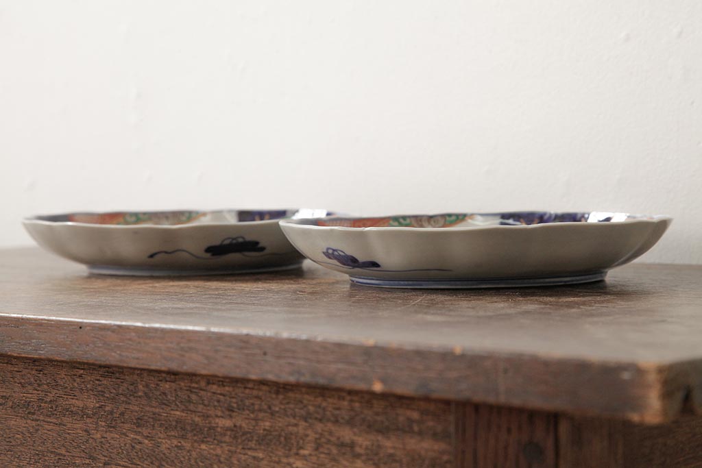 アンティーク雑貨　古民具・骨董　明治期　伊万里焼　色絵七寸皿2枚セット(和食器、中皿)(R-042467)