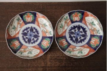アンティーク雑貨　古民具・骨董　明治期　伊万里焼　色絵七寸皿2枚セット(和食器、中皿)(R-042467)