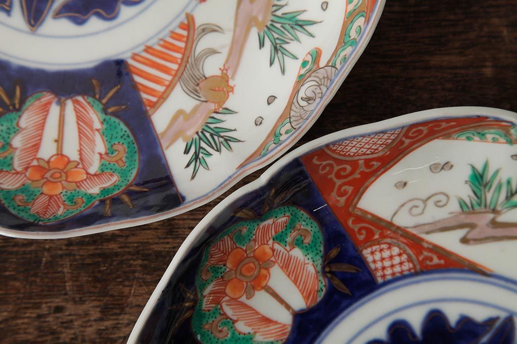 アンティーク雑貨　古民具・骨董　明治期　伊万里焼　色絵七寸皿2枚セット(和食器、中皿)(R-042467)