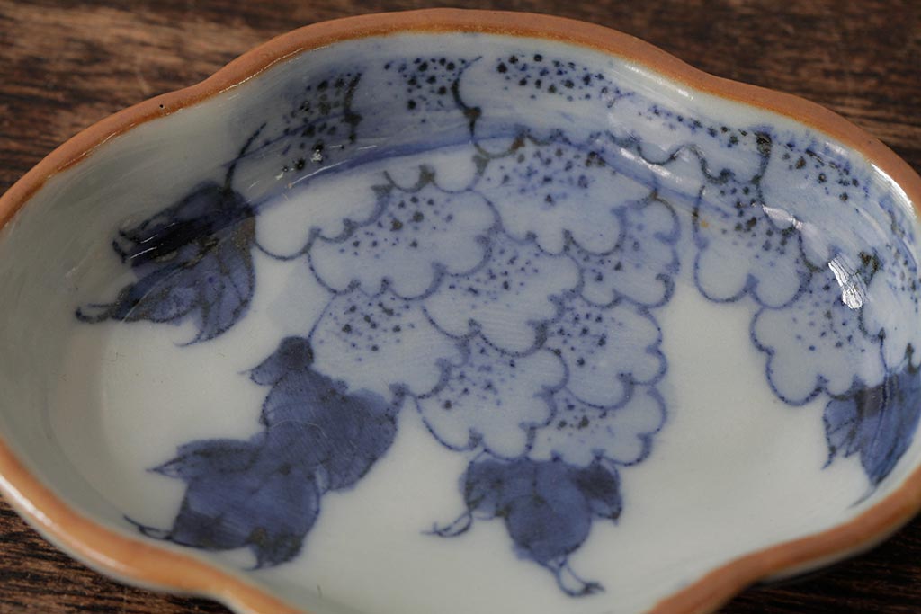 アンティーク雑貨　江戸期　古伊万里　染付花文小皿5枚セット(変形皿、和食器)(R-042475)