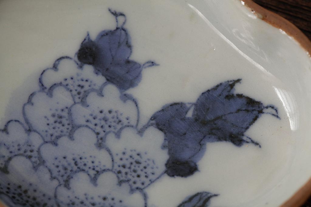 アンティーク雑貨　江戸期　古伊万里　染付花文小皿5枚セット(変形皿、和食器)(R-042475)