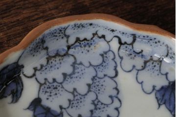 アンティーク雑貨　江戸期　古伊万里　染付花文小皿5枚セット(変形皿、和食器)(R-042476)