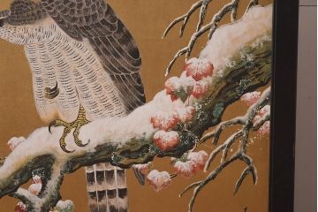 アンティーク家具　在銘　秋草　鷹　豪華な印象を与える衝立(つい立て)(R-042478)