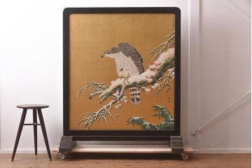 アンティーク家具　在銘　秋草　鷹　豪華な印象を与える衝立(つい立て)(R-042478)
