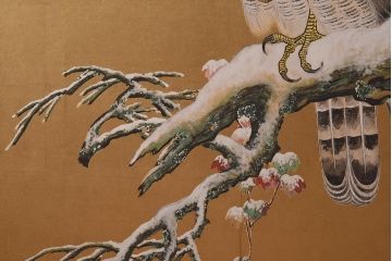アンティーク家具　在銘　秋草　鷹　豪華な印象を与える衝立(つい立て)(R-042478)