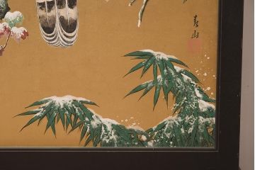 アンティーク家具　在銘　秋草　鷹　豪華な印象を与える衝立(つい立て)(R-042478)