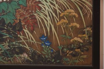 アンティーク家具　在銘　秋草　鷹　豪華な印象を与える衝立(つい立て)(R-042478)