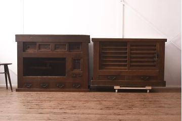 【簡易リペア限定品】アンティーク建具　和製アンティーク　飾り棚付き!　四尺水屋箪笥(4尺、和タンス)(R-042492)