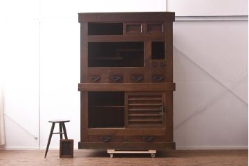 アンティーク家具　和製アンティーク　飾り棚付き!　四尺水屋箪笥(4尺、和タンス)(R-042492)