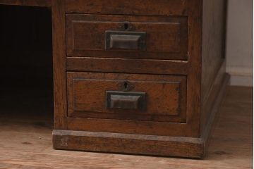 アンティーク家具　昭和初期　栓材　収納棚付き帳場机(簿記机、在宅ワーク、在宅用ライティングビューロー、両袖机、在宅ワーク、在宅用デスク)(R-042497)