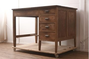 レトロ家具　昭和中期　ナラ材　昔懐かしい片袖デスク(片袖机、在宅ワーク、在宅用ワークデスク)(R-042498)