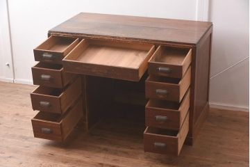 アンティーク家具　薄型　レトロな木製の両袖デスク(ワークデスク、机、在宅ワーク、在宅用)(R-042504)