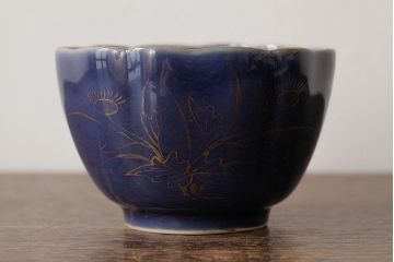 アンティーク雑貨　江戸期　古伊万里　瑠璃金彩花文蕎麦猪口2個セット(向付、和食器)(R-042522)