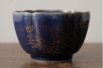 アンティーク雑貨　江戸期　古伊万里　瑠璃金彩花文蕎麦猪口2個セット(向付、和食器)(R-042523)