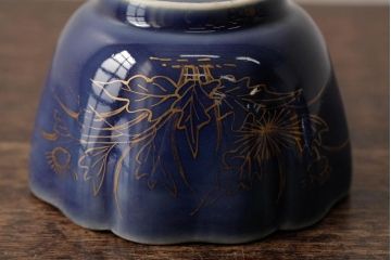 アンティーク雑貨　江戸期　古伊万里　瑠璃金彩花文蕎麦猪口2個セット(向付、和食器)(R-042523)