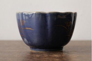 アンティーク雑貨　江戸期　古伊万里　瑠璃金彩花文蕎麦猪口2個セット(向付、和食器)(R-042524)