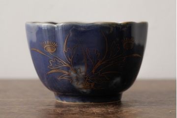 アンティーク雑貨　江戸期　古伊万里　瑠璃金彩花文蕎麦猪口2個セット(向付、和食器)(R-042524)