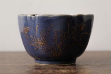 アンティーク雑貨　江戸期　古伊万里　瑠璃金彩花文蕎麦猪口2個セット(向付、和食器)(R-042524)