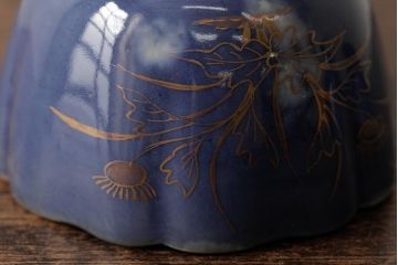 アンティーク雑貨　江戸期　古伊万里　瑠璃金彩花文蕎麦猪口2個セット(向付、和食器)(R-042524)