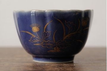 アンティーク雑貨　江戸期　古伊万里　瑠璃金彩花文蕎麦猪口2個セット(向付、和食器)(R-042525)