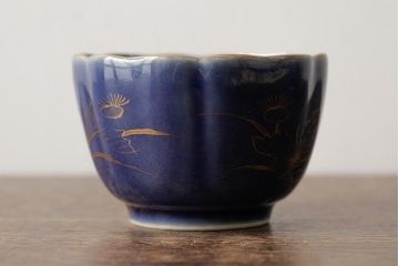 アンティーク雑貨　江戸期　古伊万里　瑠璃金彩花文蕎麦猪口2個セット(向付、和食器)(R-042526)