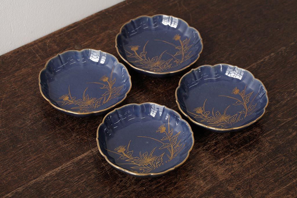 アンティーク雑貨　江戸期　古伊万里　瑠璃金彩花文小皿4枚セット(変形皿、和食器)(R-042531)