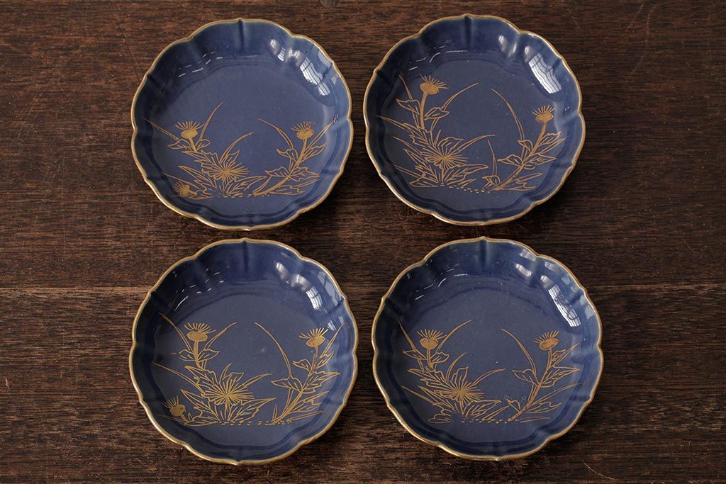 アンティーク雑貨　江戸期　古伊万里　瑠璃金彩花文小皿4枚セット(変形皿、和食器)(R-042531)