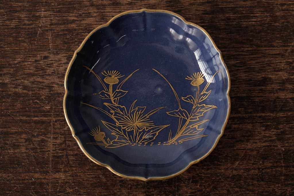 アンティーク雑貨　江戸期　古伊万里　瑠璃金彩花文小皿4枚セット(変形皿、和食器)(R-042531)