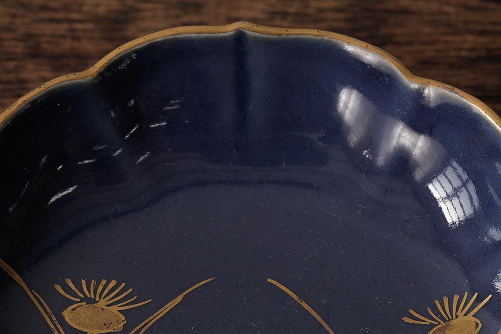 アンティーク雑貨　江戸期　古伊万里　瑠璃金彩花文小皿4枚セット(変形皿、和食器)(R-042531)