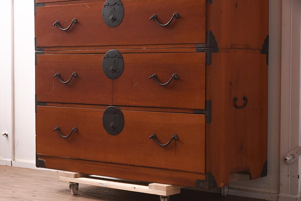 アンティーク家具　明治大正期　ヒノキ材　春慶塗が美しい重ね高山箪笥(重ね箪笥、衣装箪笥、引き出し、チェスト、時代箪笥)(R-042540)