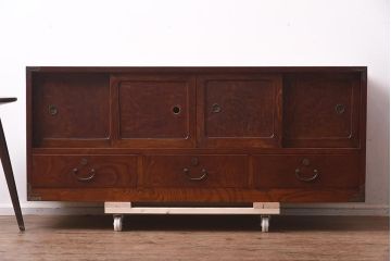 アンティーク家具　昭和初期　独特な杢目が魅力的なローボード(戸棚、収納棚、テレビボード)(R-042546)