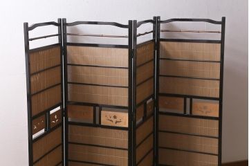 ビンテージ家具　和製ビンテージ　すだれが涼やかな印象の四連折り畳み式パーテーション(衝立、仕切り)(R-042552)