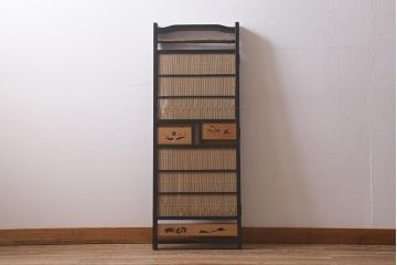 ビンテージ家具　和製ビンテージ　すだれが涼やかな印象の四連折り畳み式パーテーション(衝立、仕切り)(R-042552)