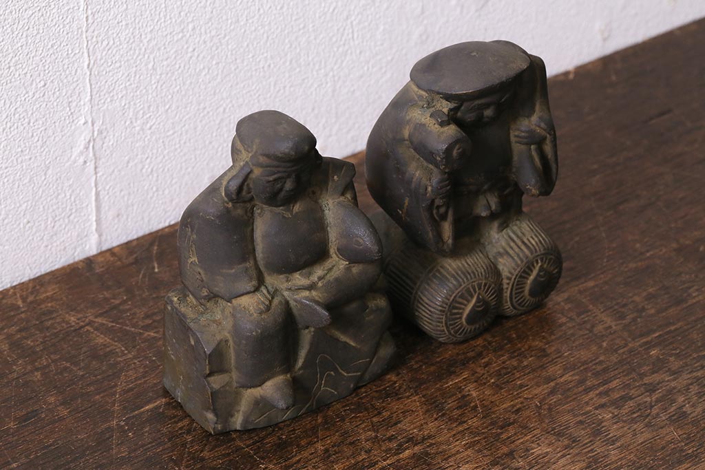 アンティーク雑貨　明治期　古銅　恵比寿・大黒像　置物(ブロンズ、時代物)(R-042564)