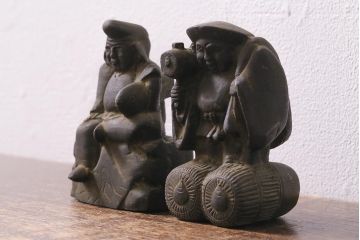 アンティーク雑貨　明治期　古銅　恵比寿・大黒像　置物(ブロンズ、時代物)(R-042564)