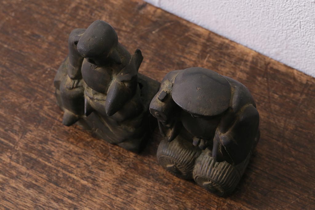 アンティーク雑貨　明治期　古銅　恵比寿・大黒像　置物(ブロンズ、時代物)(R-042564)
