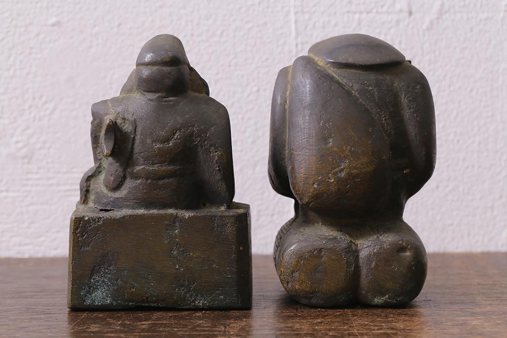 アンティーク雑貨　明治期　古銅　恵比寿・大黒像　置物(ブロンズ、時代物)(R-042564)