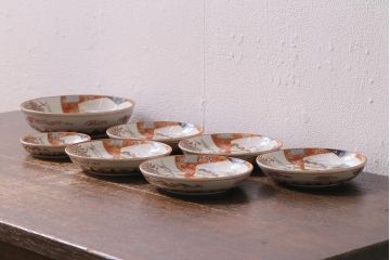 アンティーク雑貨　明治期　九谷　赤絵皿7枚セット(草花文人物画)(R-042568)