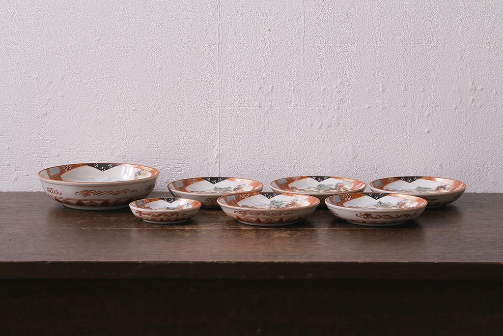 アンティーク雑貨　明治期　九谷　赤絵皿7枚セット(草花文人物画)(R-042568)