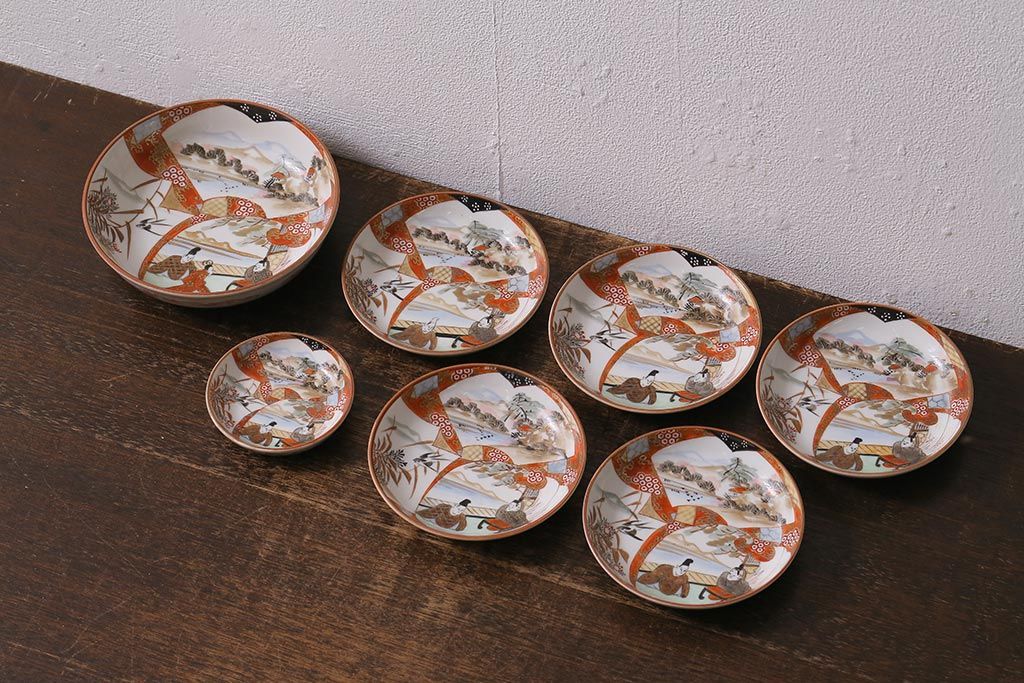 アンティーク雑貨　明治期　九谷　赤絵皿7枚セット(草花文人物画)(R-042568)