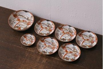 アンティーク雑貨　明治期　九谷　赤絵皿7枚セット(草花文人物画)(R-042568)